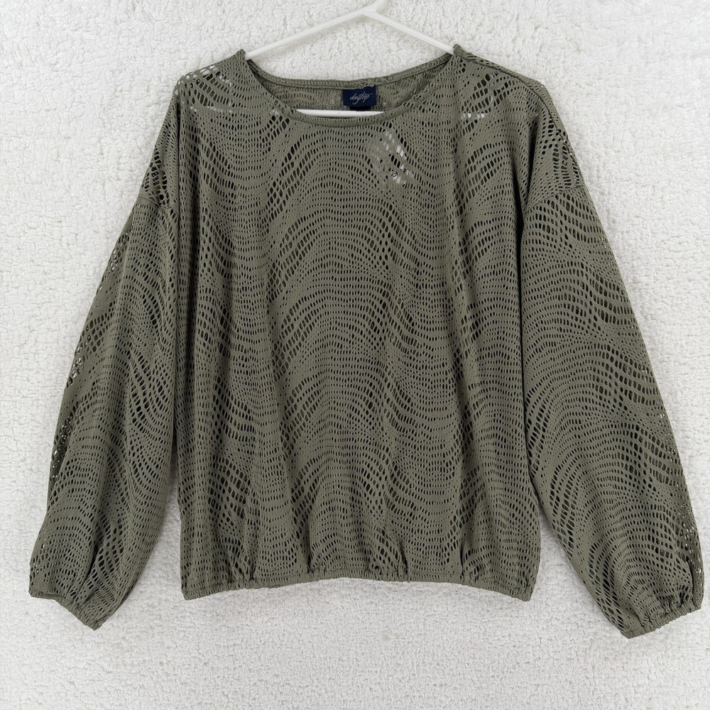 Daytrip Blouse Womens Medium Green Long Sleeve Laser Cut Mesh‎ Sheer Top NWT